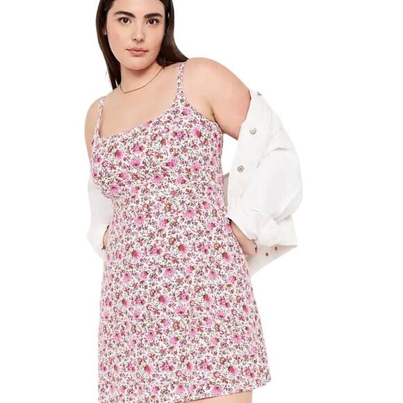 Old Navy XL Pink Floral Minidress Linen Smocked Pockets Tank Cottage Summer Cute - Picture 1 of 11